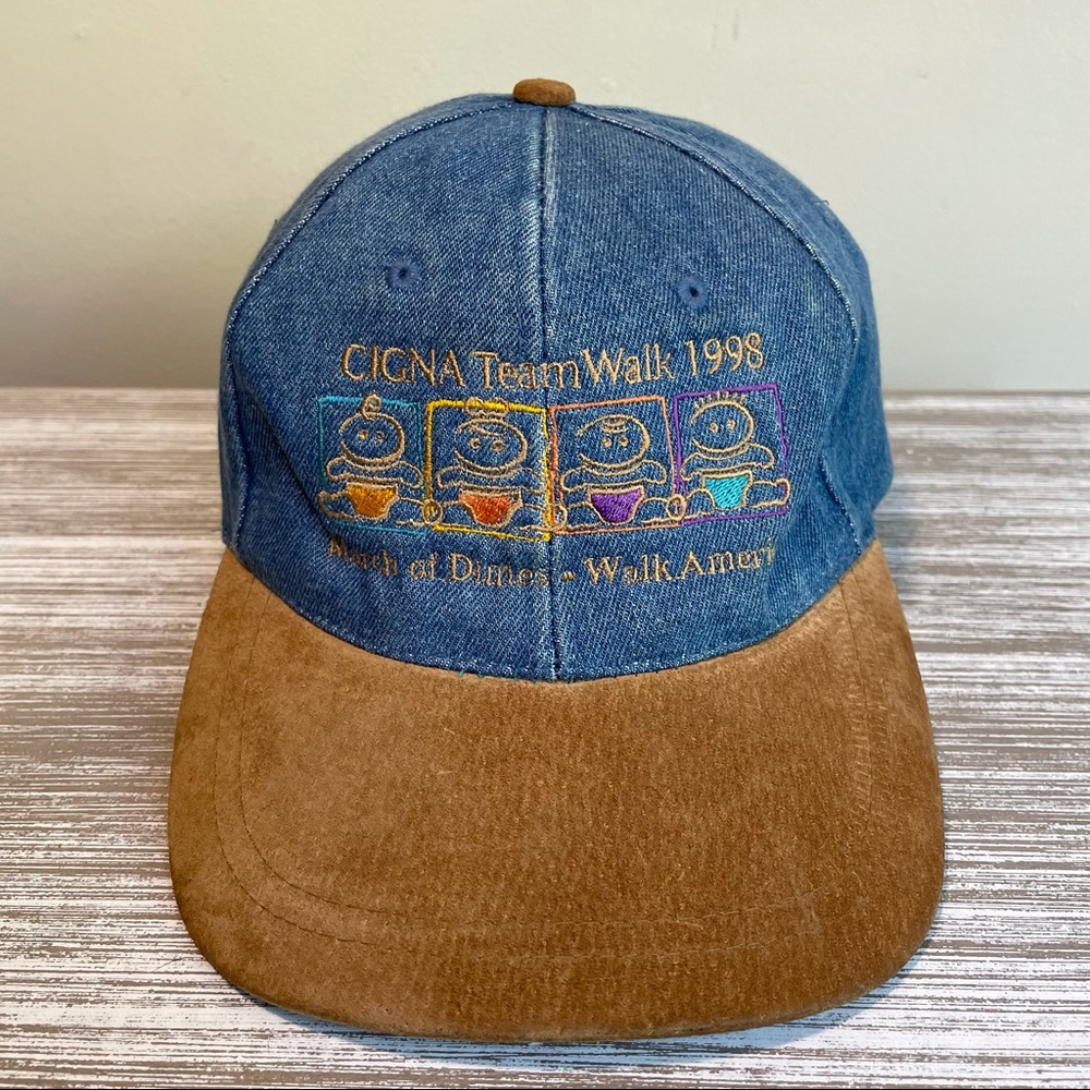 1998 Vintage Denim Hat Cap Suede Brim Wide Brim Blue Denim Brown Suede